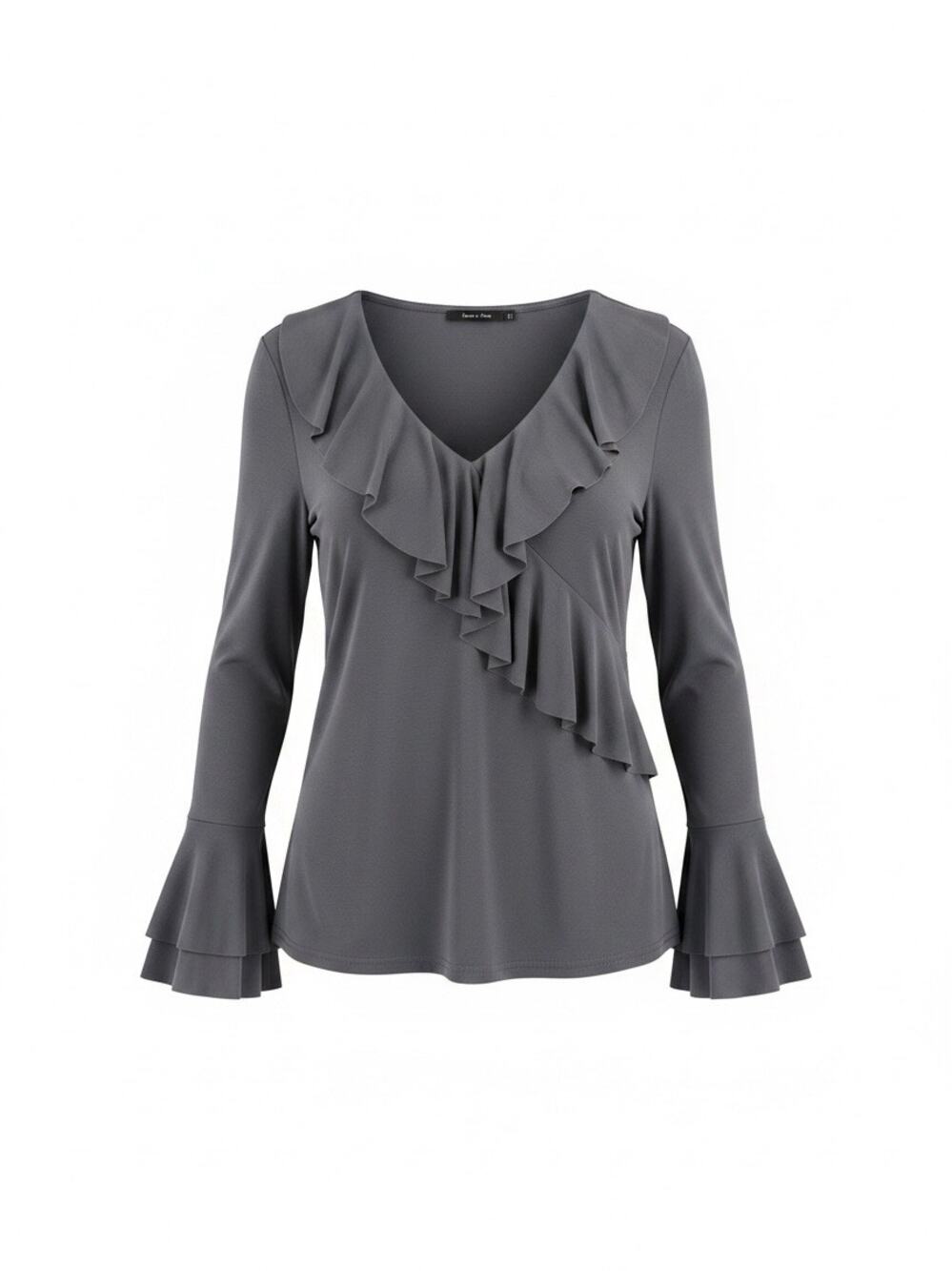 Doe & Rae L Blue Asymmetrical Ruffle V-Neck Long Tiered Bell Sleeve Blouse NWT
